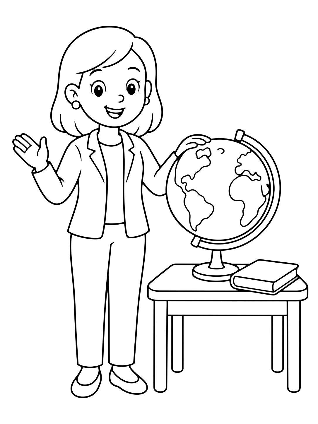 Ausmalbild mit eine freundliche Lehrkraft neben einem einfachen Globus auf kleinem Tisch und einem geschlossenen leeren Buch. Geeignet für Kinder, Schulstart, Ausdrucke und Online-Ausmalen.