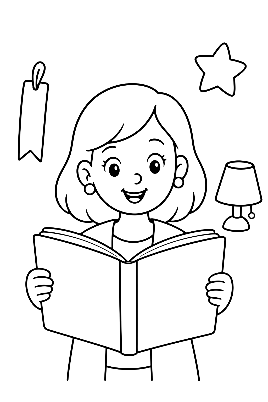 Картинка за оцветяване с учител с голяма отворена празна книга и три големи doodle елемента: разделител, лампа и звезда. Подходяща за деца, училищни занимания, принтиране и онлайн оцветяване.