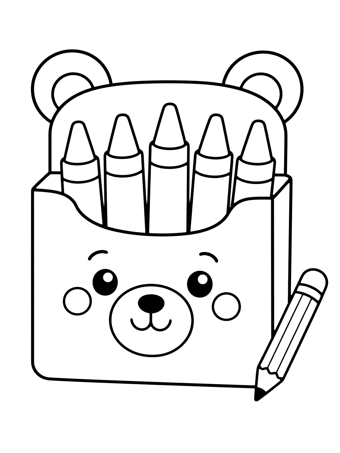 Disegno da colorare con il motivo "scatola di pastelli orsetto" con grandi pastelli, una scatola vuota e semplici dettagli creativi. Adatto a bambini, scuola, stampa e colorazione online.