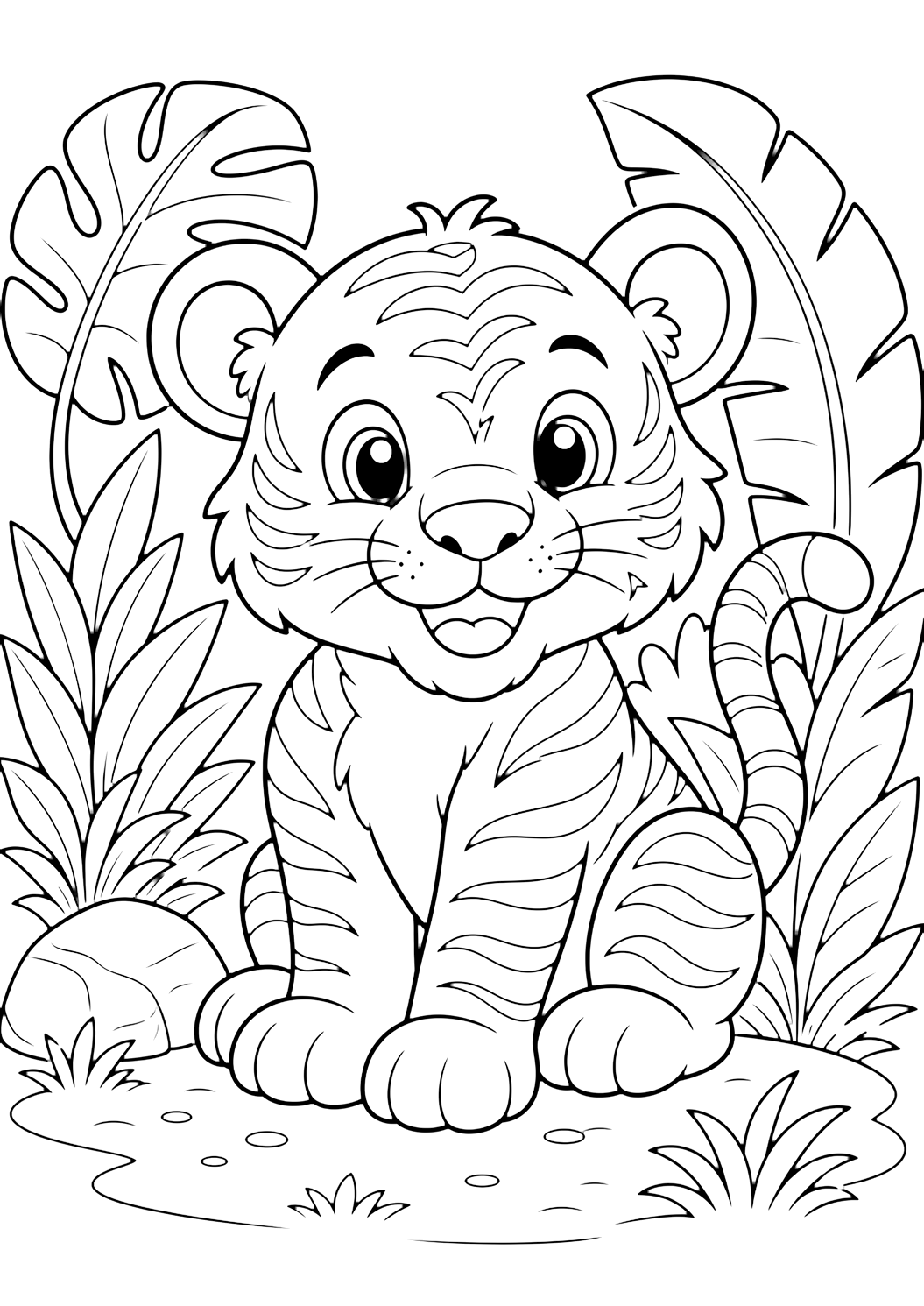 página para colorear de póster de tigre del zoológico, póster simple de animal del zoológico imprimible para niños