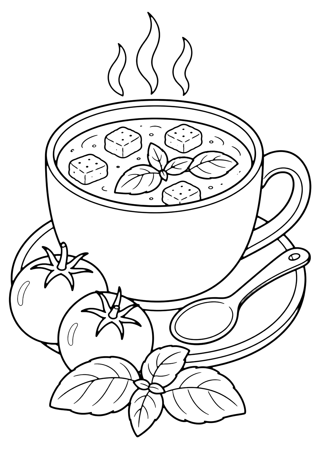 Página de sopa para colorear con una taza grande de sopa de tomate sobre un platillo, con cuchara, tomates, hojas de albahaca, crutones y suaves líneas de vapor. Ideal para niños, imprimir y colorear online.