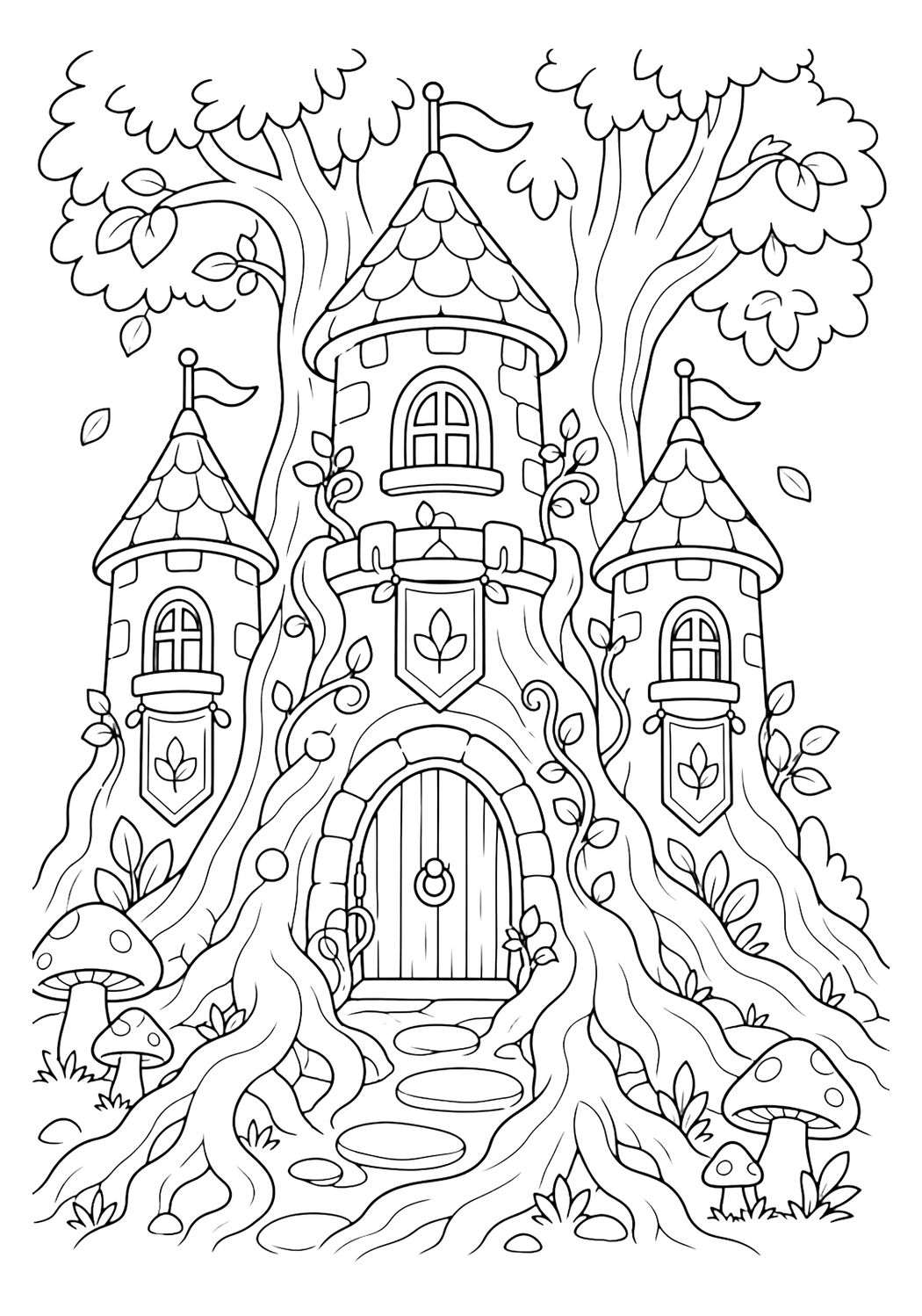 tree root enchanted castle coloring page with clean enchanted castle line art for kids
