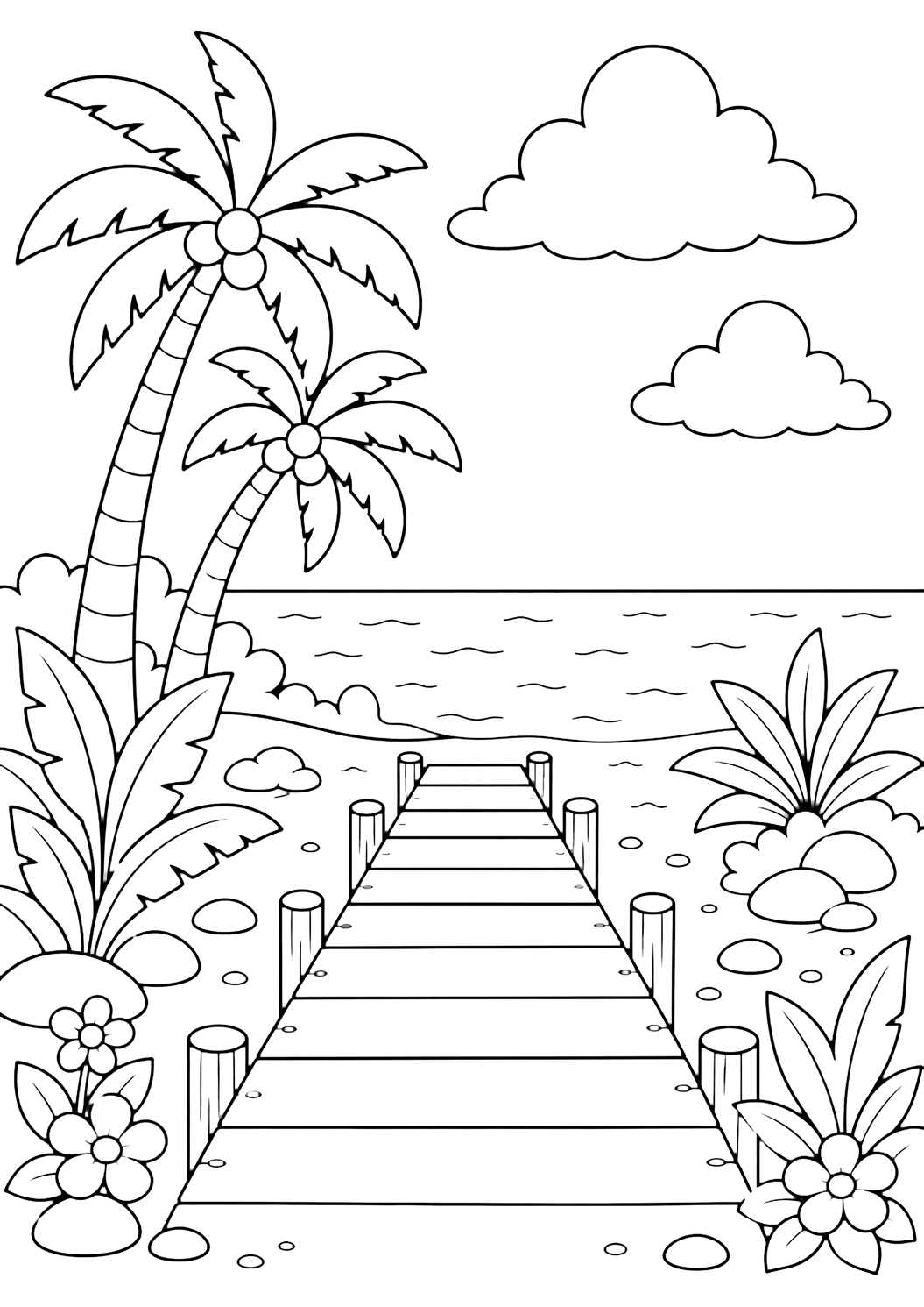 Coloriage d'île tropicale avec une simple passerelle en bois qui traverse la plage d'une île tropicale vers l'eau, avec des feuilles de palmier, des pierres arrondies, de petites fleurs, une mer calme, de grands nuages et un ciel ouvert. Idéal pour enfants, thèmes de l'océan, impression et coloriage en ligne.