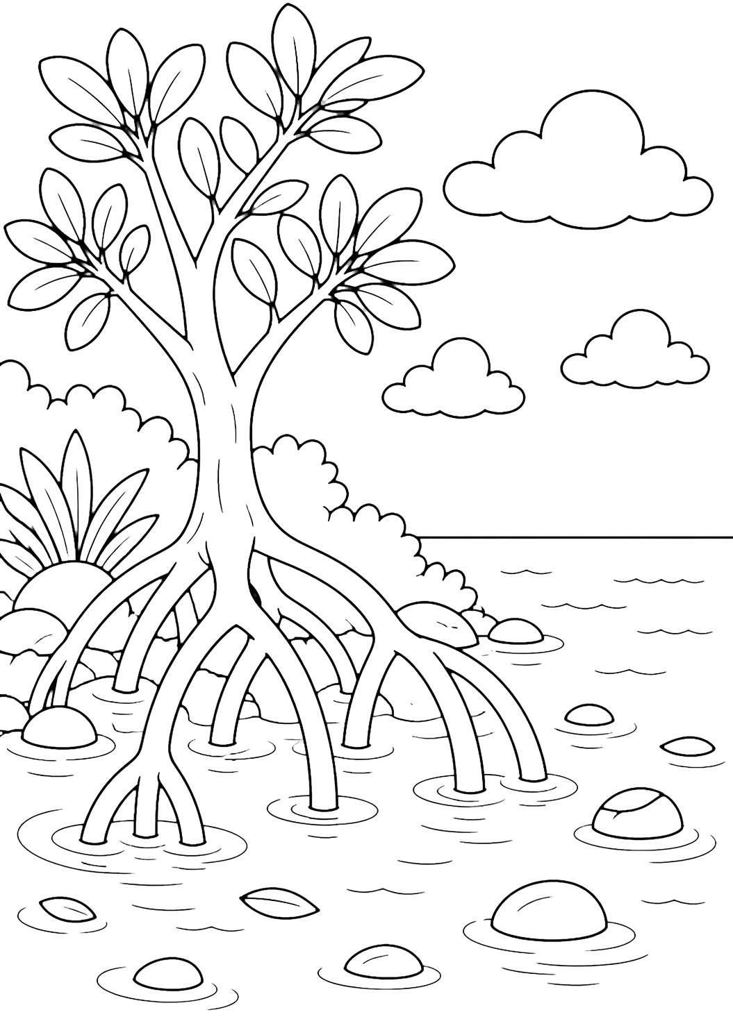 Tropeninsel-Ausmalbild mit ein einfaches Mangrovenufer auf einer Tropeninsel, mit gebogenen Baumwurzeln über flachem Wasser, einigen runden Steinen, kleinen Blättern, ruhigen Wellenlinien, großen Wolken und weitem Himmel. Geeignet für Kinder, Meeresthemen, Ausdrucke und Online-Ausmalen.
