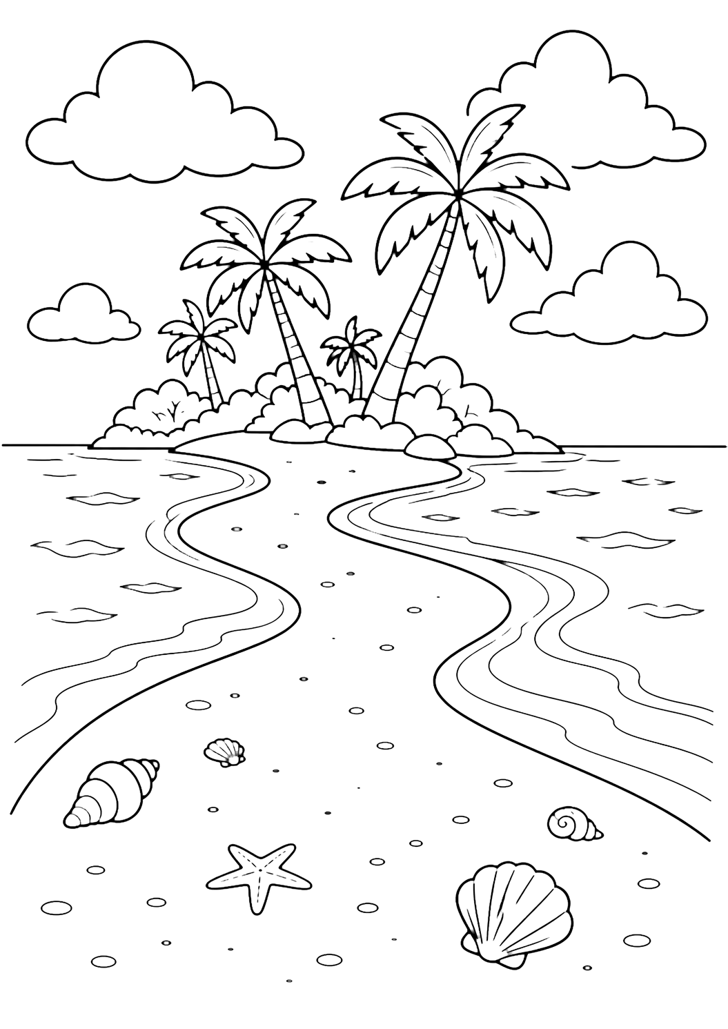 Coloriage d'île tropicale avec un long banc de sable lisse qui part d'une petite île tropicale vers l'eau peu profonde, avec des palmiers au fond, de petits coquillages, de simples ondulations, de grands nuages et un ciel ouvert. Idéal pour enfants, thèmes de l'océan, impression et coloriage en ligne.
