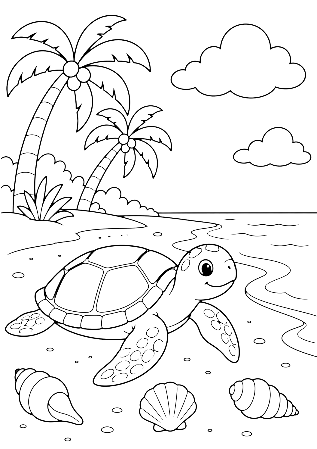 Tropeninsel-Ausmalbild mit eine freundliche Meeresschildkröte nahe am Ufer einer kleinen Tropeninsel, mit Palmen im Hintergrund, glattem Strandsand, sanften Wellen, einfachen Muscheln, großen Wolken und weitem Himmel. Geeignet für Kinder, Meeresthemen, Ausdrucke und Online-Ausmalen.