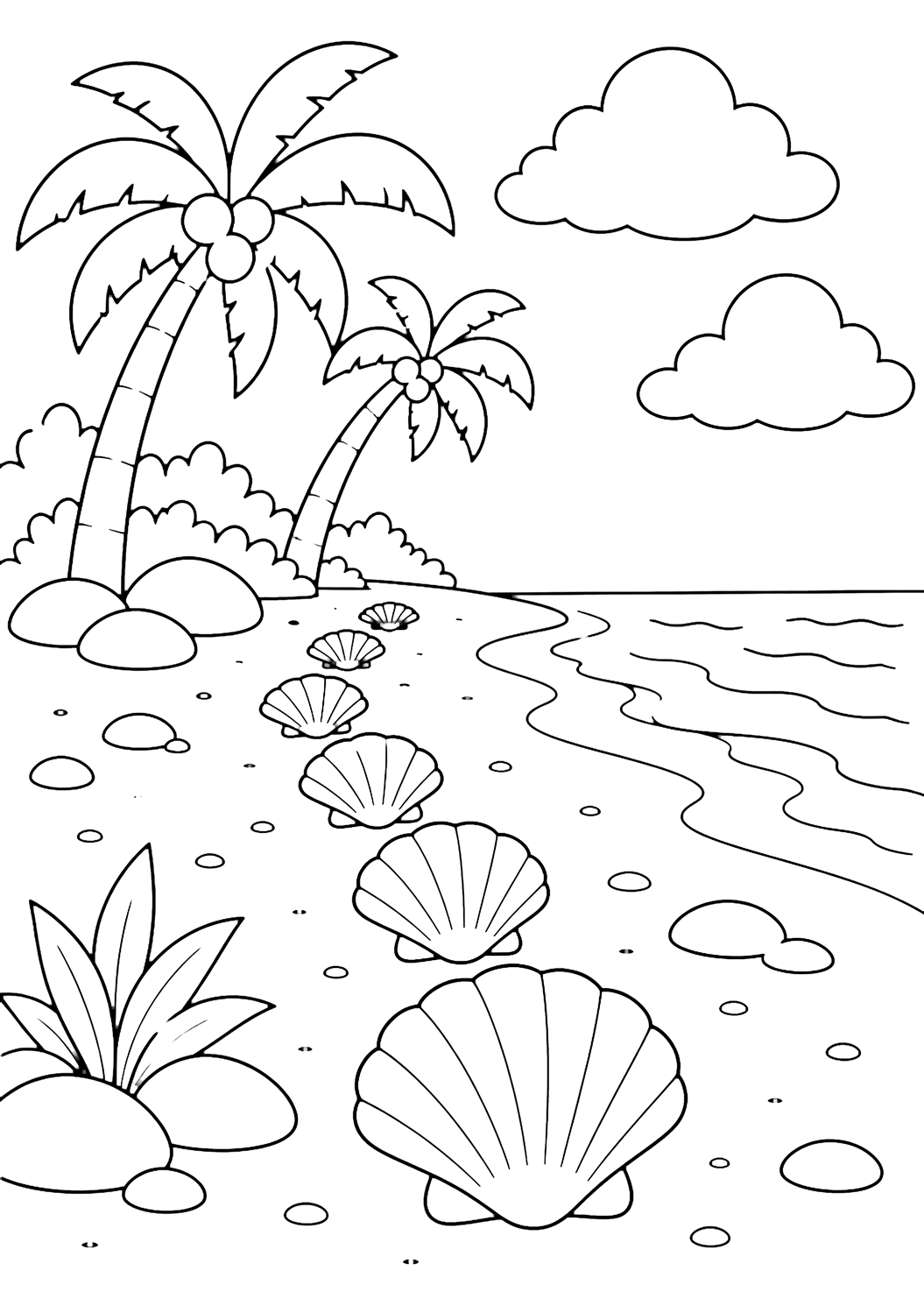 tropical island shell path coloring page with a simple path of large seashells leading across a tropical island beach, with palm trees, smooth stones, gentle ocean waves, broad clouds, and open sky for kids