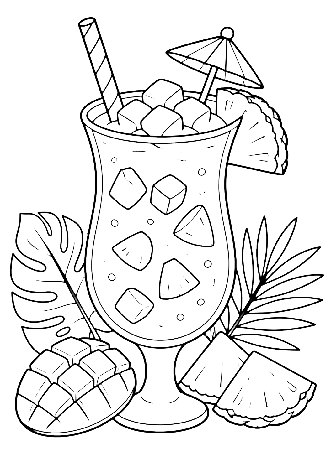 Smoothie-Ausmalbild mit ein hohes Mango-Smoothie-Glas mit Mangowürfeln, Ananasstücken, Strohhalm, kleinem Schirmchen und einfachen Tropenblättern. Geeignet für Kinder, Ausdrucke und Online-Ausmalen.