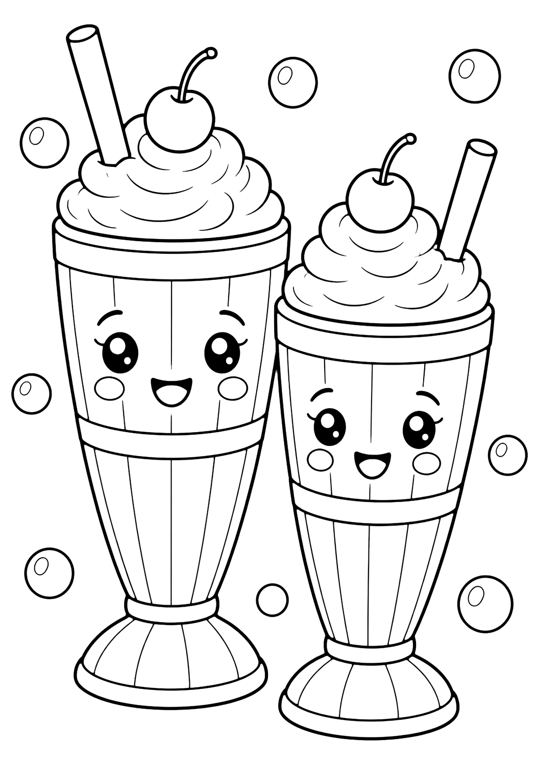 yan yana duran iki sevimli milkshake bardağı, biri biraz daha uzun, her birinde krem şanti, kiraz, geniş pipet, sade bantlar, gülümseyen yüzler ve büyük baloncuklar içeren milkshake boyama sayfası. Çocuklar, yazdırma ve çevrim içi boyama için uygundur.