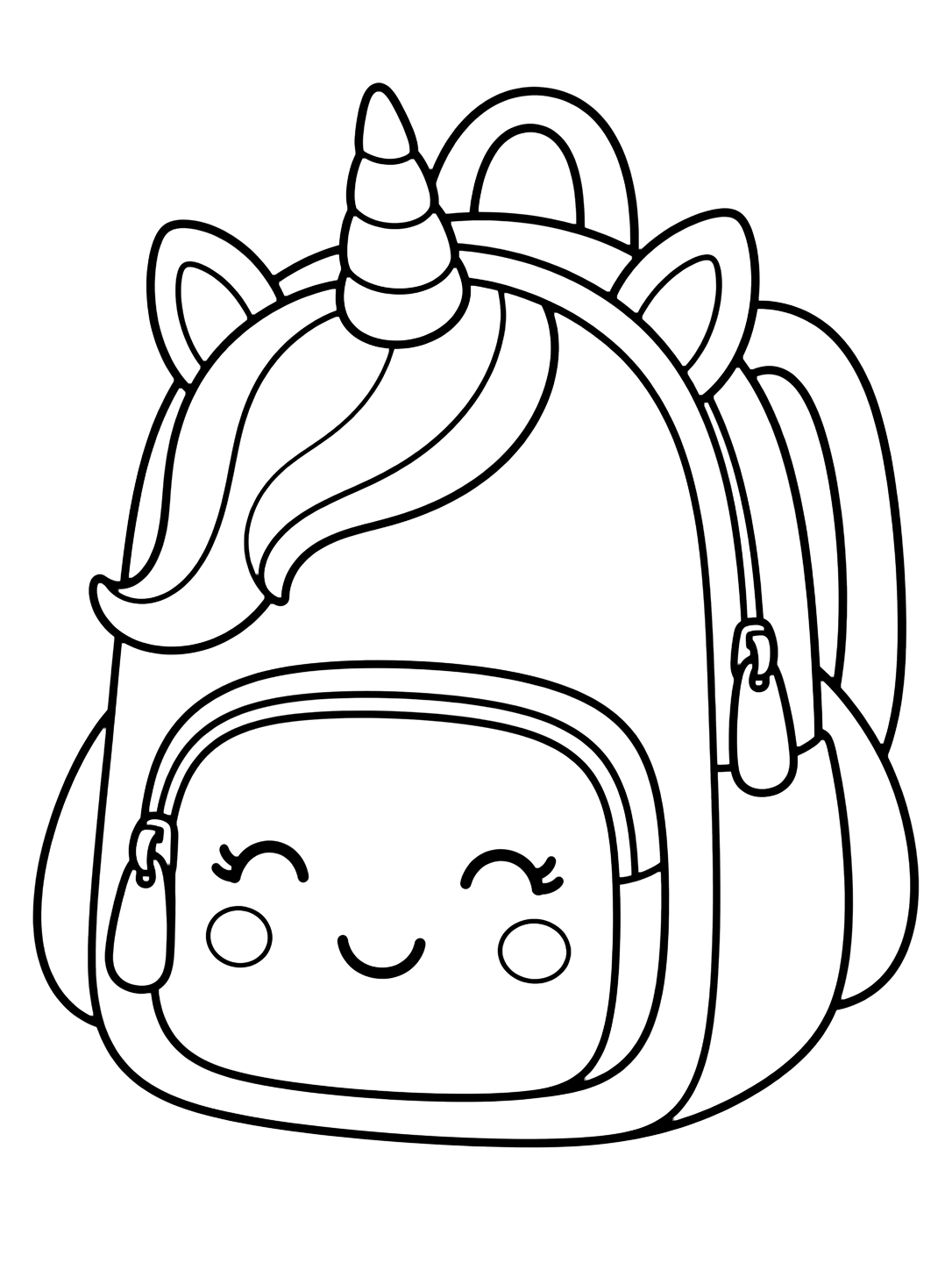 Coloriage avec le motif « sac à dos licorne » avec de grandes poches, des fermetures éclair et des détails scolaires simples. Idéal pour enfants, rentrée scolaire, impression et coloriage en ligne.