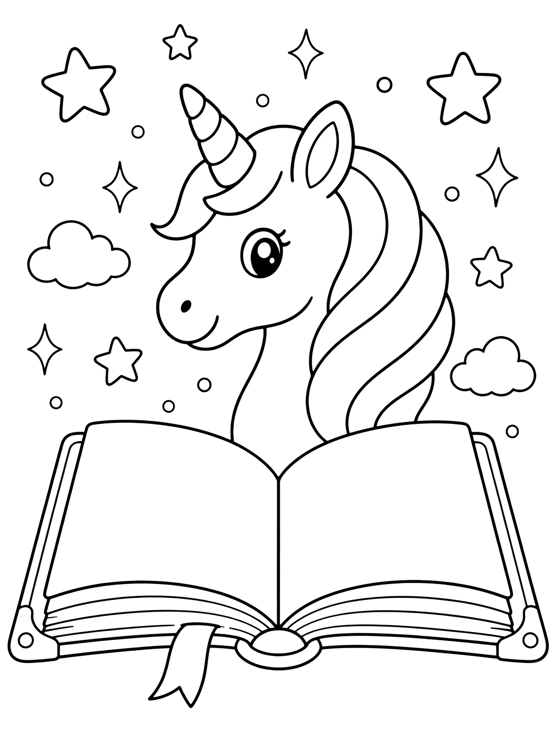 Картинка за оцветяване с книга за заклинания и еднорог