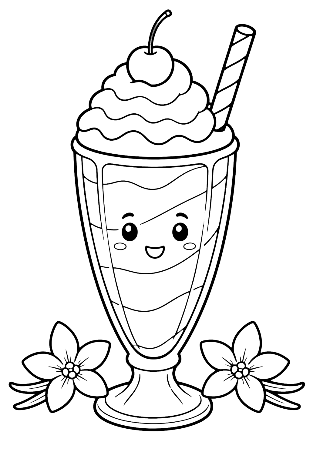 krem şantili, üstünde kirazlı, geniş pipetli, iki sade vanilya çiçekli, yumuşak milkshake bantlı ve gülümseyen yüzlü uzun bardakta klasik vanilyalı milkshake içeren milkshake boyama sayfası. Çocuklar, yazdırma ve çevrim içi boyama için uygundur.