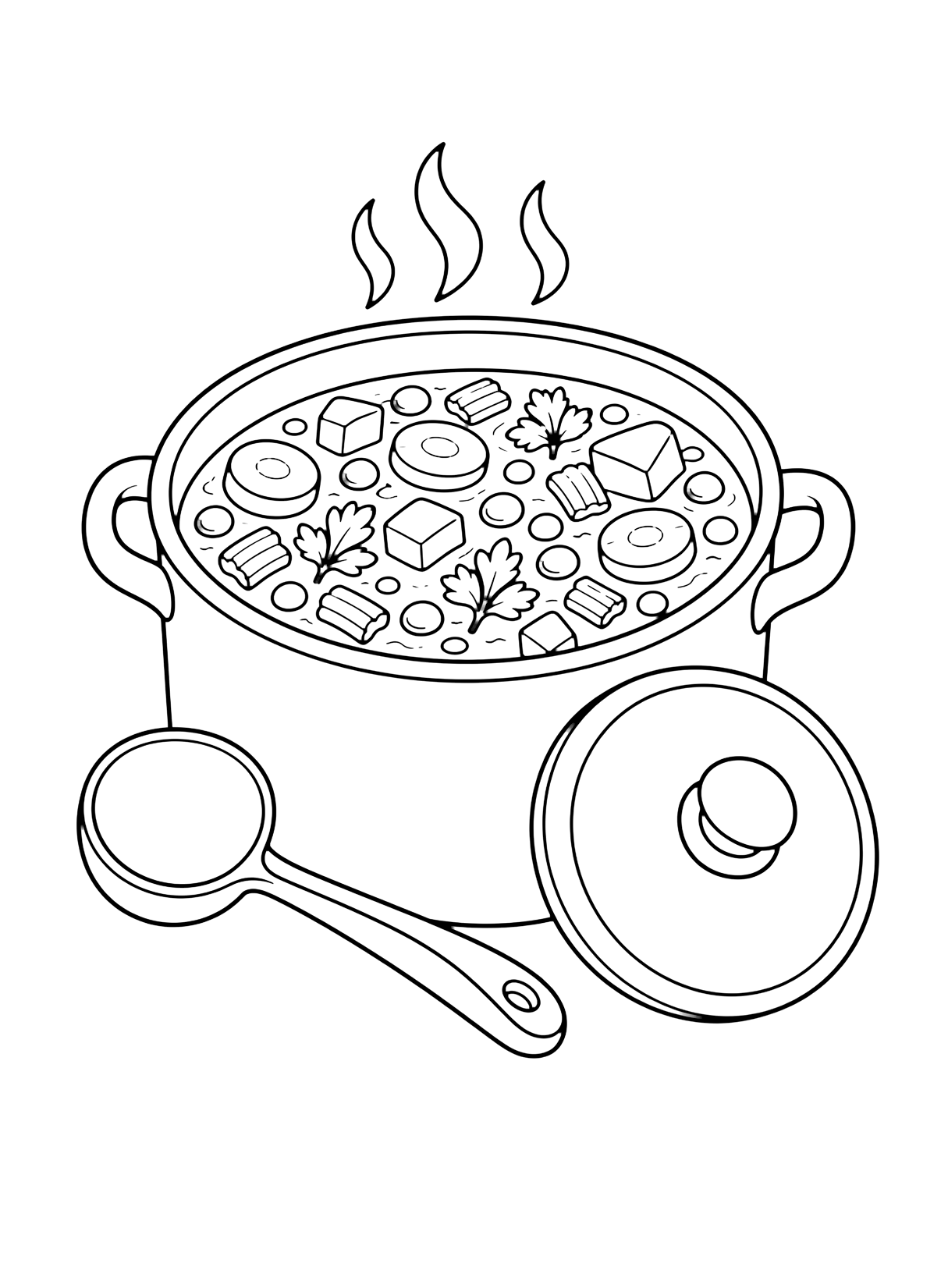 Página de sopa para colorear con una olla de sopa de verduras con cucharón, tapa, rodajas de zanahoria, guisantes, cubos de papa, hierbas y vapor. Ideal para niños, imprimir y colorear online.