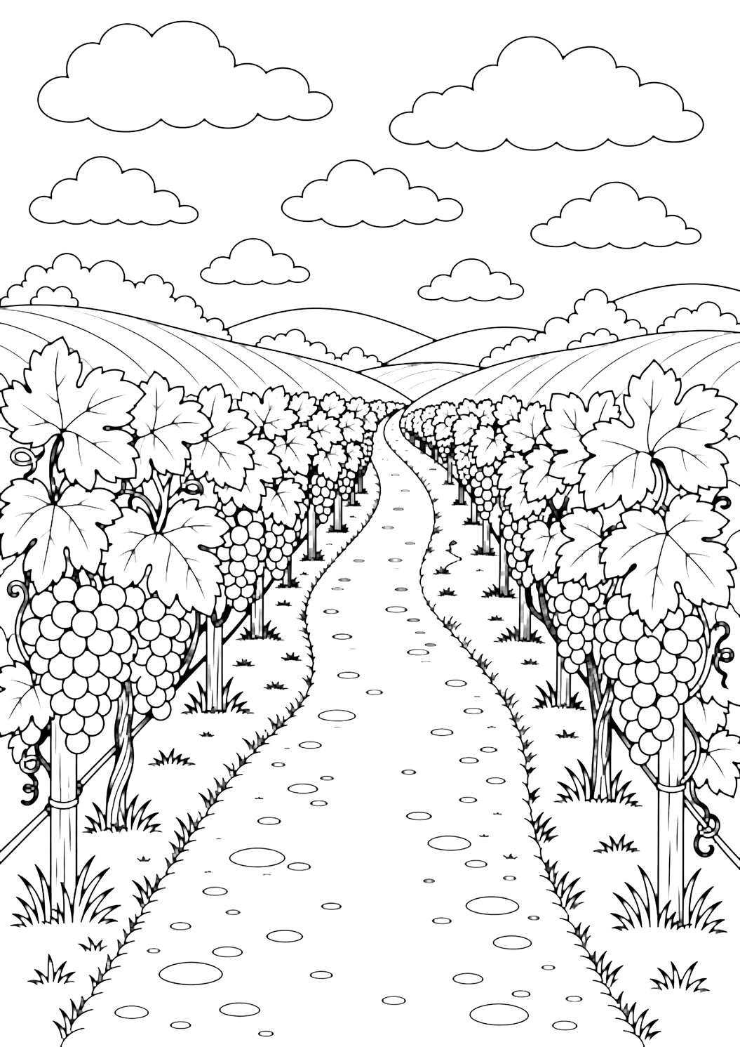 vineyard country road coloring page with a country road through a vineyard, neat grapevine rows on both sides, grape clusters and large leaves, low hills, broad clouds, and open sky for kids