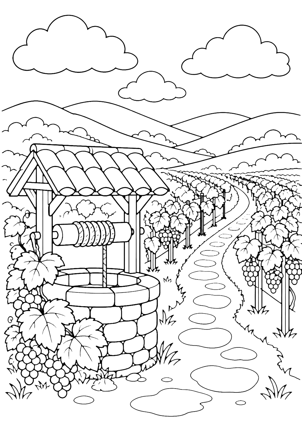 Ausmalbild mit einem kleinen runden Steinbrunnen neben ordentlichen Weinberg-Reihen, mit einfachem Dach, Weinblättern, einem geschwungenen Fußweg, fernen Hügeln, breiten Wolken und offenem Himmel für Kinder