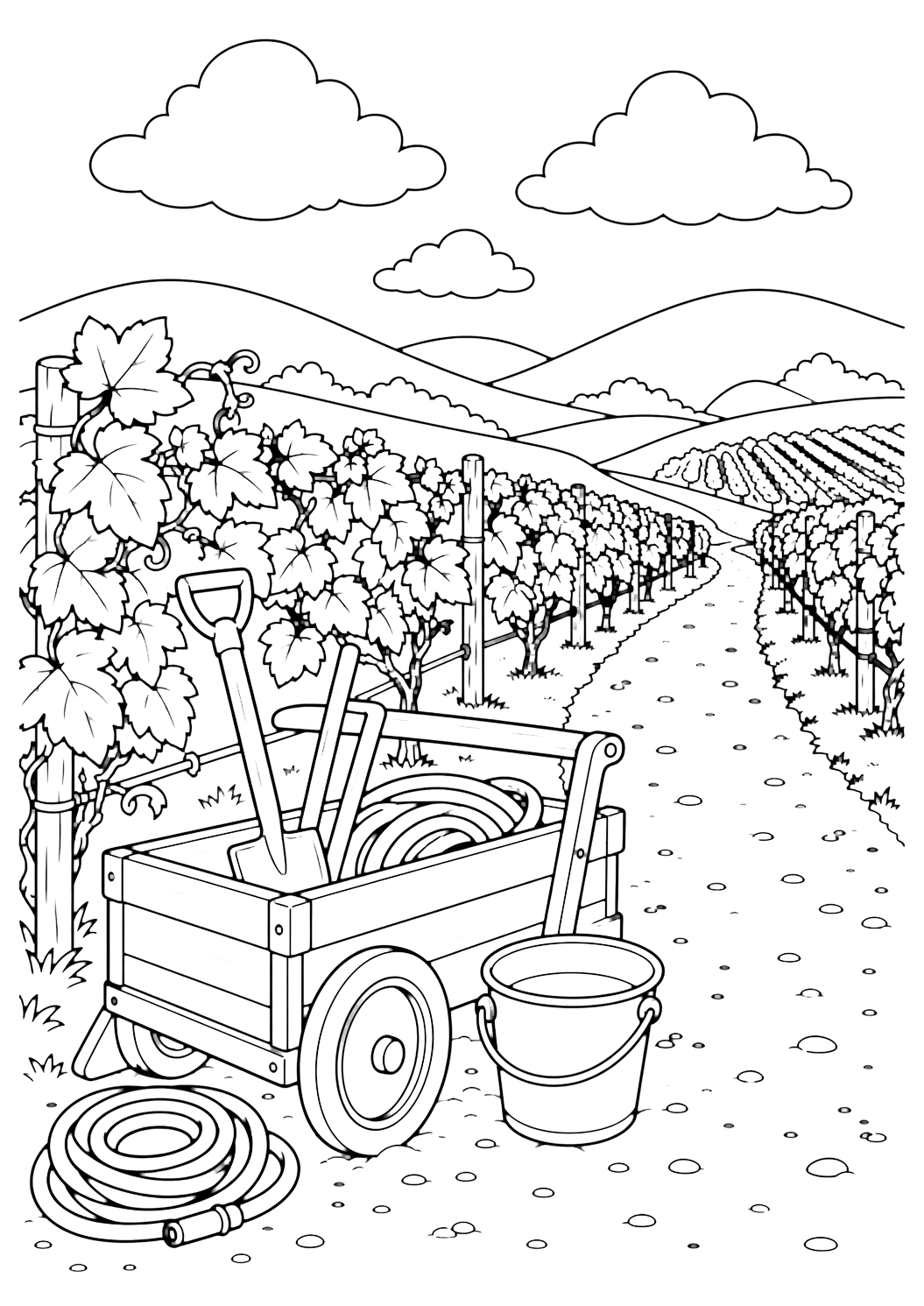 Weinberg-Werkzeugwagen Ausmalbild mit einem kleinen Holzwagen neben den Rebzeilen, mit einem schlichten Eimer, aufgerolltem Gartenschlauch, Weinblättern, einem Feldweg, niedrigen Hügeln, breiten Wolken und offenem Himmel für Kinder