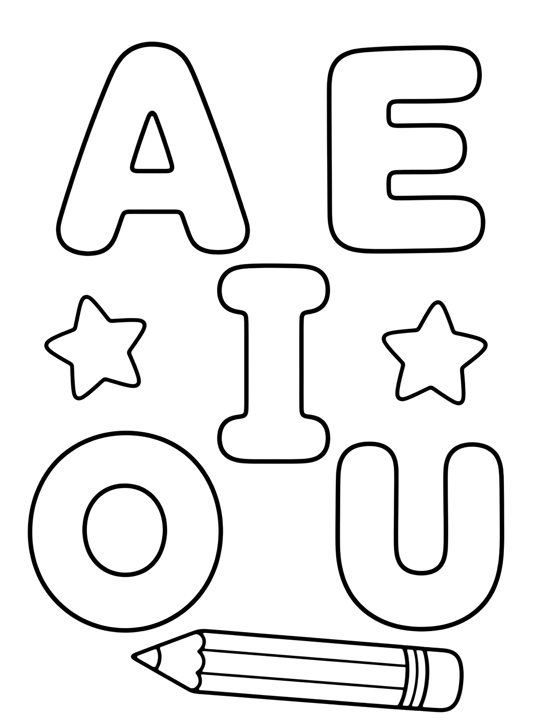 Dibujo para colorear con cinco vocales grandes y redondeadas A, E, I, O y U como bloques simpáticos, con un lápiz y dos estrellas. Ideal para niños, práctica del abecedario, impresión y coloreado online.