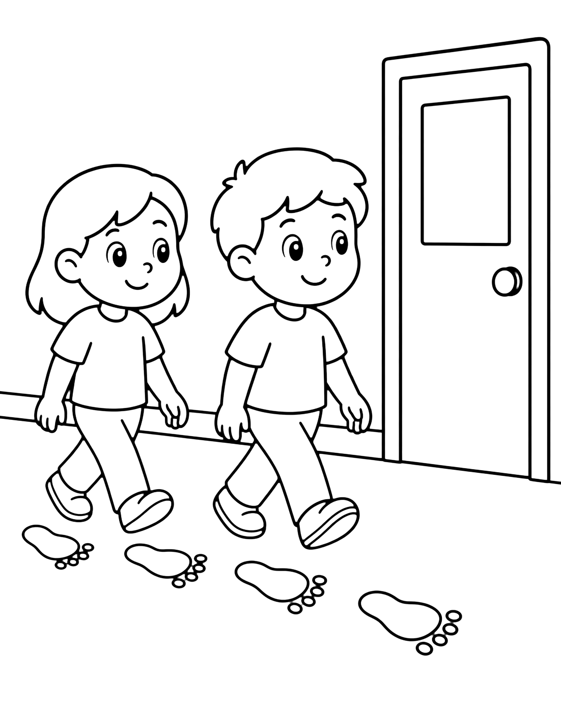 walking feet classroom rule coloring page with two smiling children walking calmly in a classroom line with a few big footprints on the floor for kids