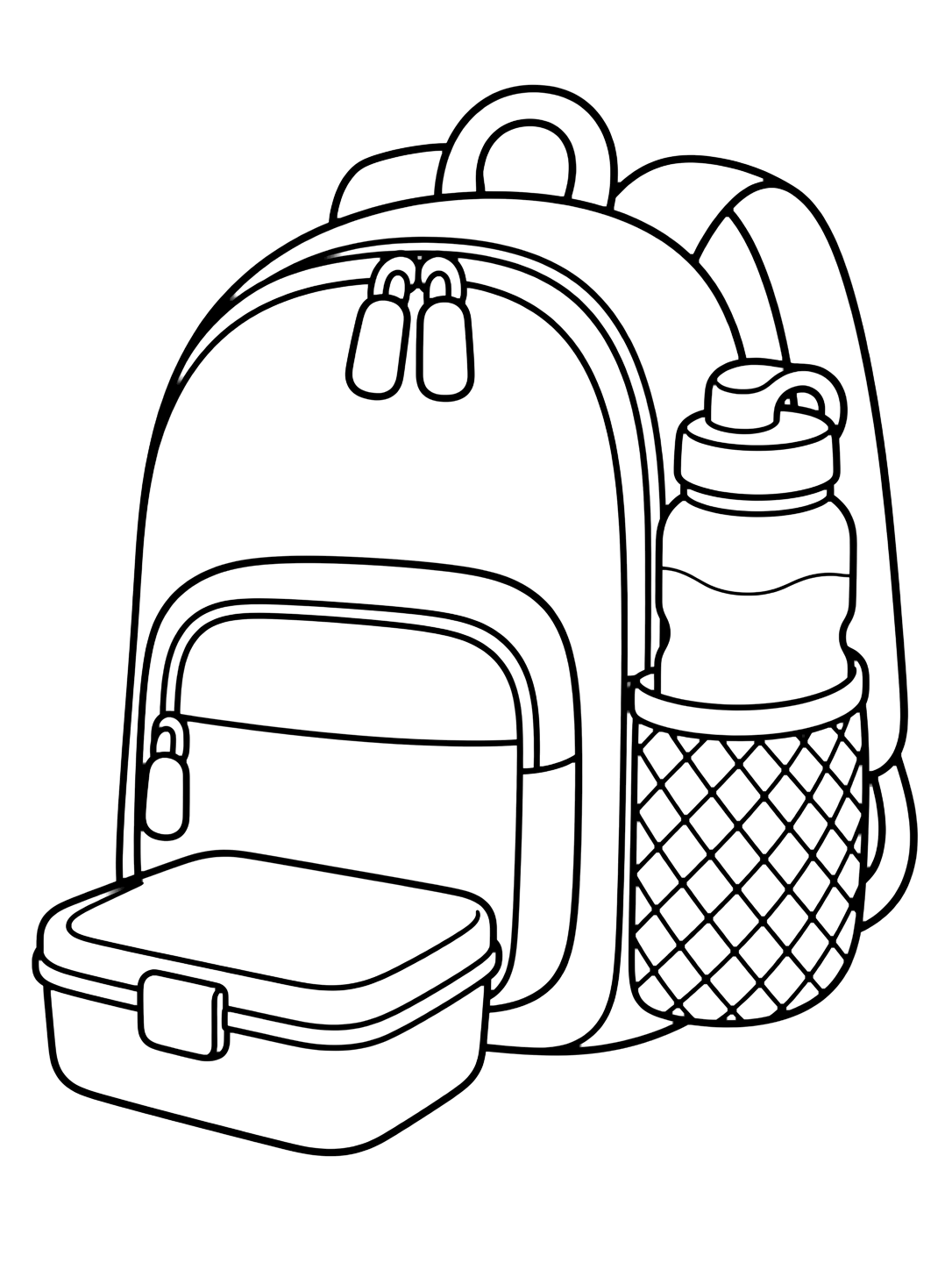 backpack with water bottle coloring page with one large school backpack with a side pocket holding a big water bottle, a front zipper pocket, zipper pulls, and a simple lunch container beside it for kids