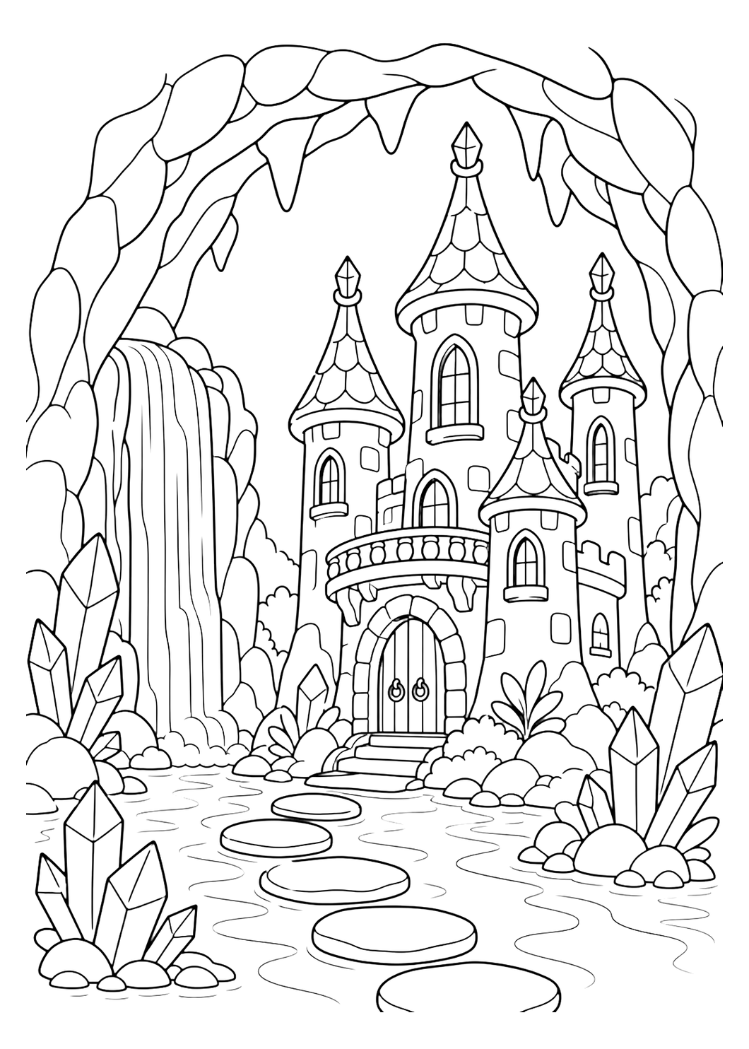 waterfall cavern enchanted castle coloring page with clean enchanted castle line art for kids