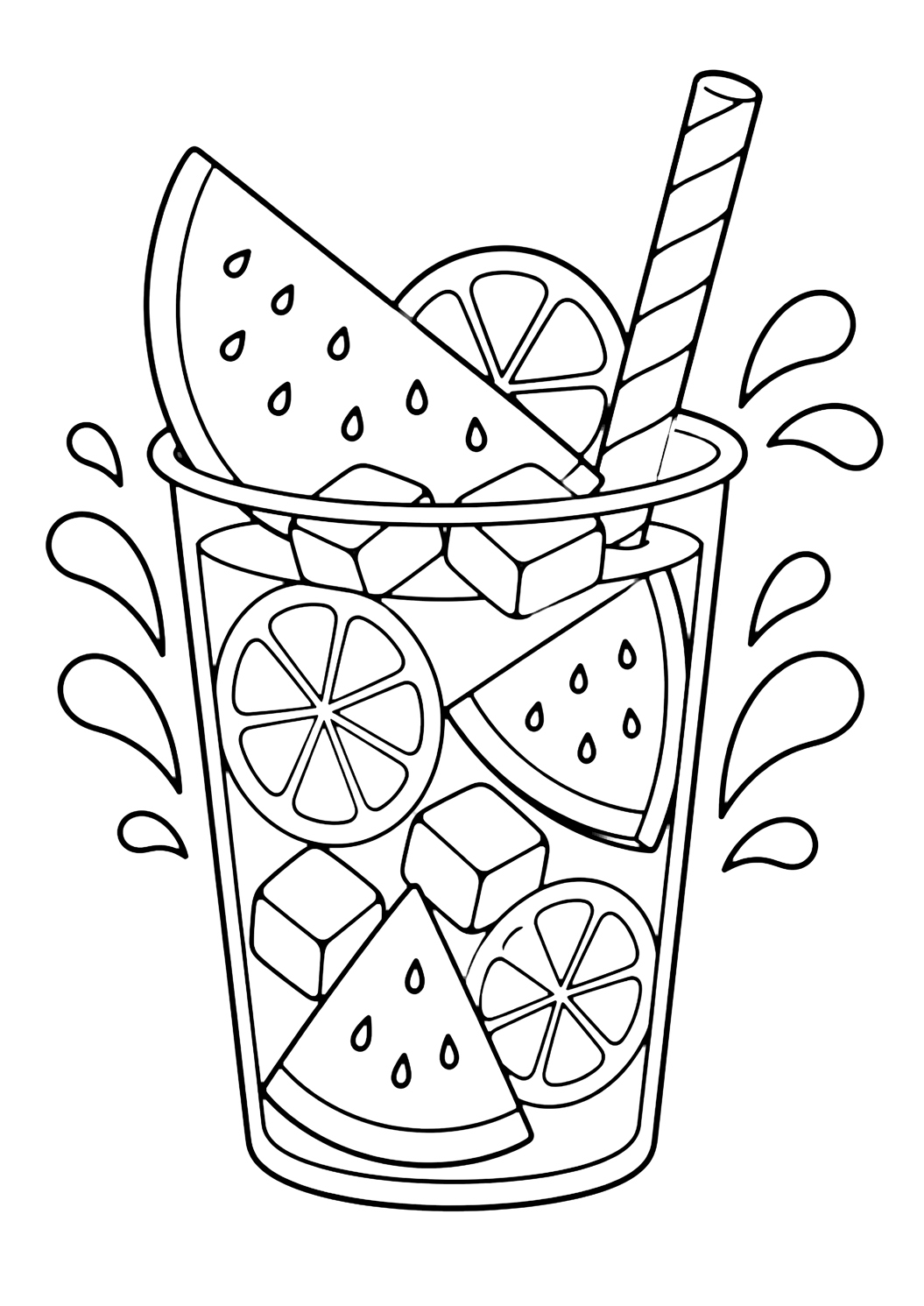 Página de limonada para colorear con un vaso de limonada con trozos de sandía, rodajas de limón, cubitos de hielo, pajita de rayas y salpicaduras sencillas. Ideal para niños, impresión y coloreado online.