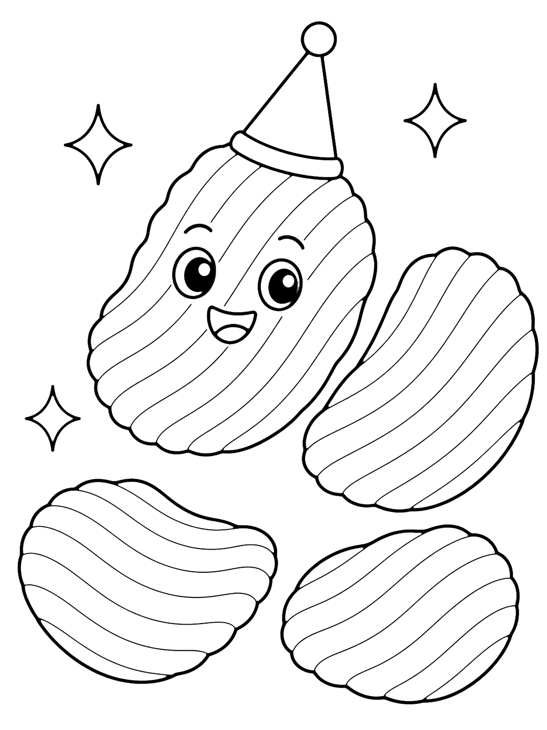 Coloriage de chips avec trois grandes chips ondulées, une chips avec un petit chapeau de fête vide, deux chips dessous et de simples étincelles. Idéal pour enfants, impression et coloriage en ligne.