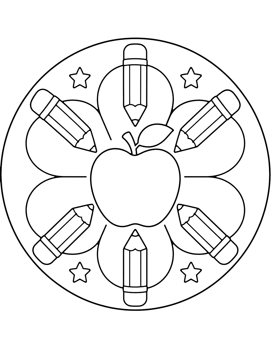 Coloriage avec un mandala rond simple avec une grande pomme au centre, six grands crayons autour, de larges pétales arrondis et quatre petites étoiles. Idéal pour enfants, rentrée scolaire, impression et coloriage en ligne.