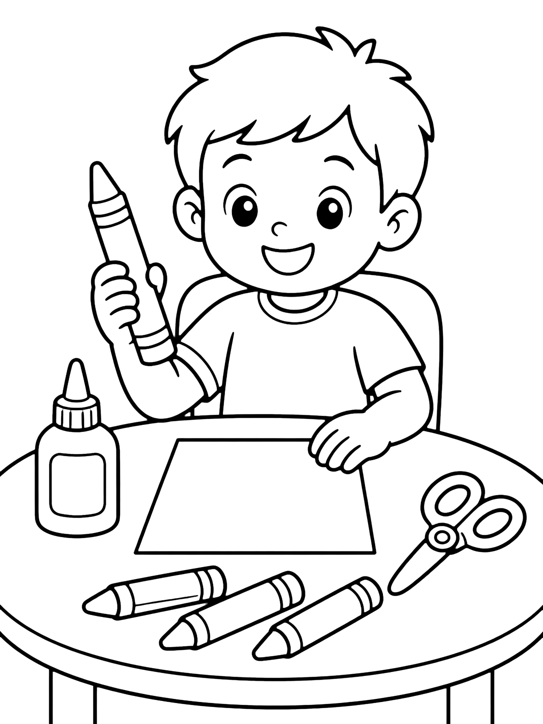 Coloriage avec un enfant à une table d'art simple tient un grand crayon, avec une feuille vide, de la colle sans étiquette, des ciseaux et trois crayons. Idéal pour enfants, rentrée scolaire, impression et coloriage en ligne.