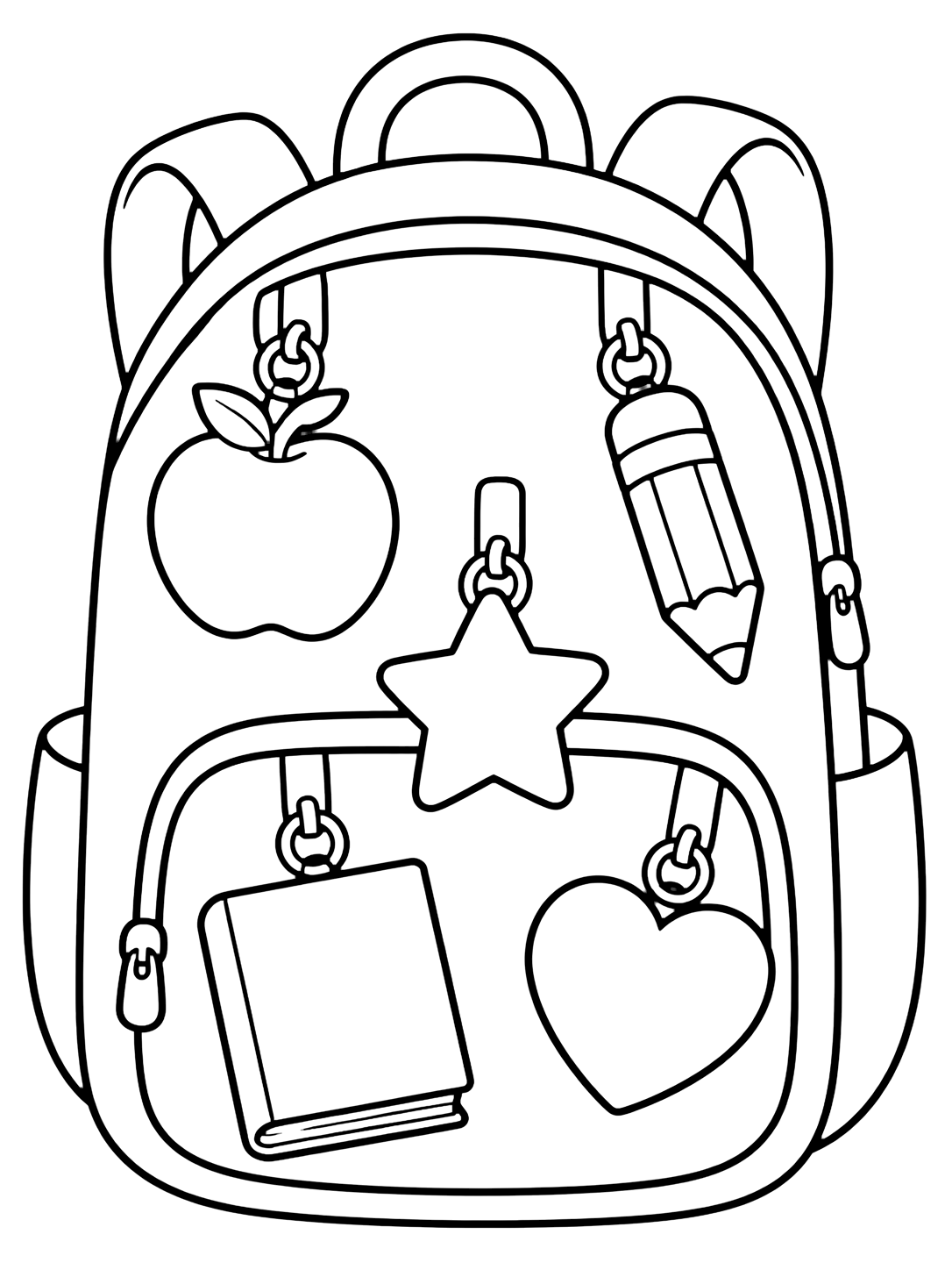 Coloriage avec un grand sac décoré de breloques simples en forme de pomme, crayon, étoile, livre vide et coeur. Idéal pour enfants, rentrée scolaire, impression et coloriage en ligne.