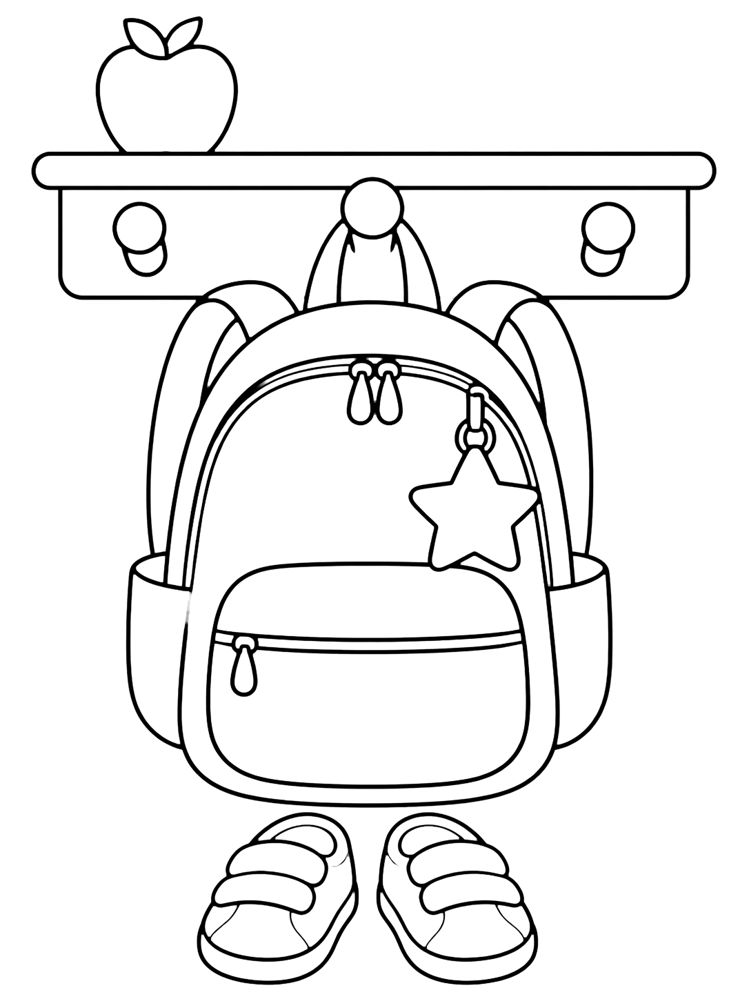 Disegno da colorare con un grande zaino appeso a un gancio dell'aula con una targhetta a stella vuota, un paio di scarpe sotto e una mela su uno scaffale. Adatto a bambini, scuola, stampa e colorazione online.