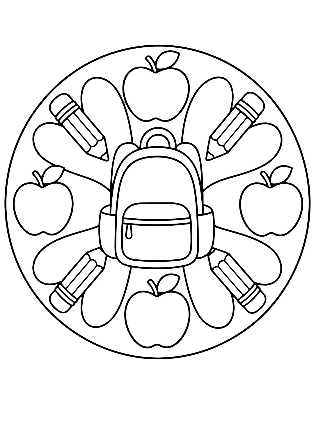Coloriage avec un mandala rond simple avec un grand sac au centre, quatre grandes pommes, quatre crayons et de larges pétales autour. Idéal pour enfants, rentrée scolaire, impression et coloriage en ligne.