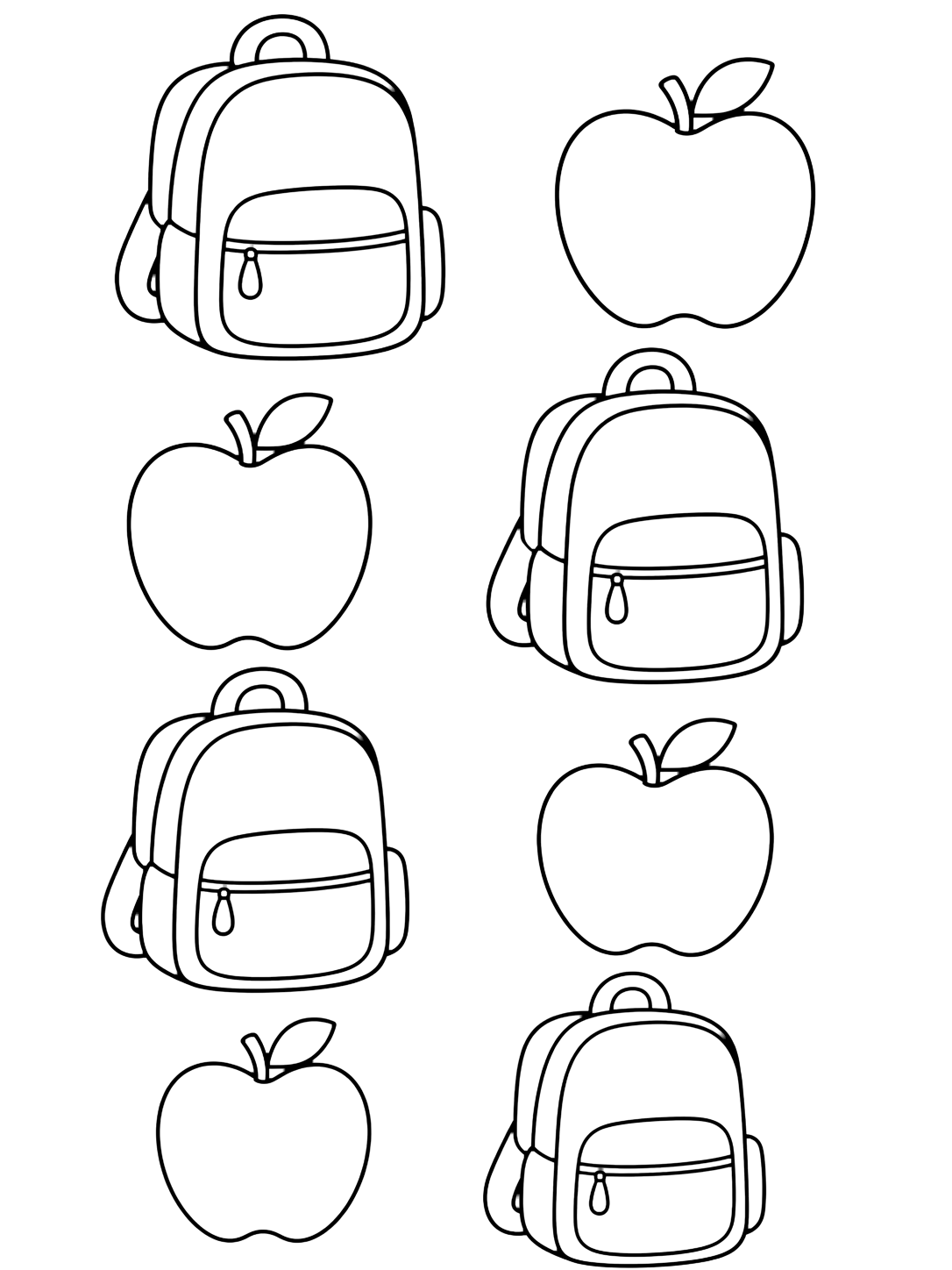 Coloriage avec un motif répété léger avec de grands sacs et des pommes alignés avec beaucoup d'espace. Idéal pour enfants, rentrée scolaire, impression et coloriage en ligne.