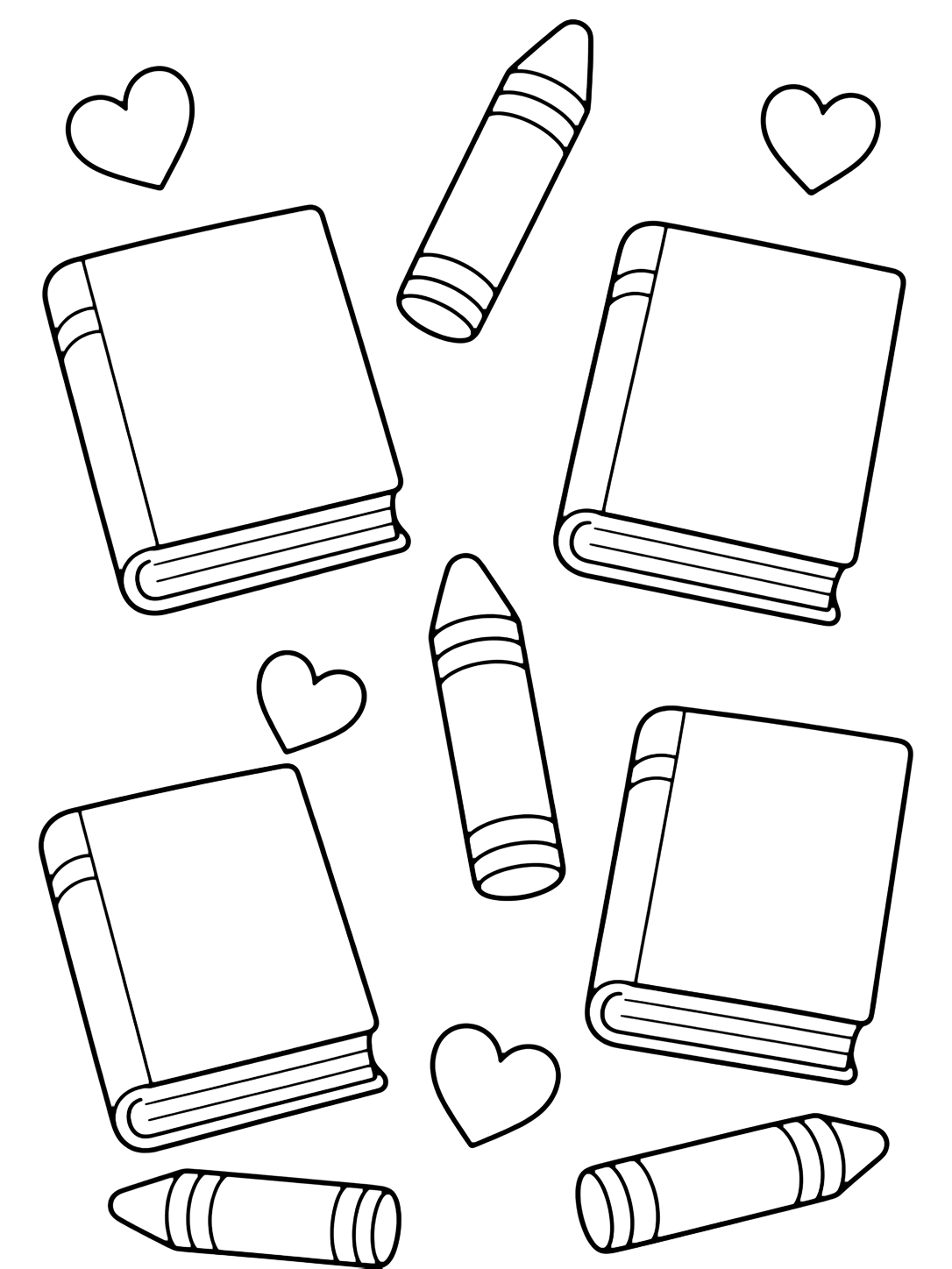 Coloriage avec un motif répété léger avec de grands livres vides et de grands crayons de cire, avec quelques coeurs simples. Idéal pour enfants, rentrée scolaire, impression et coloriage en ligne.