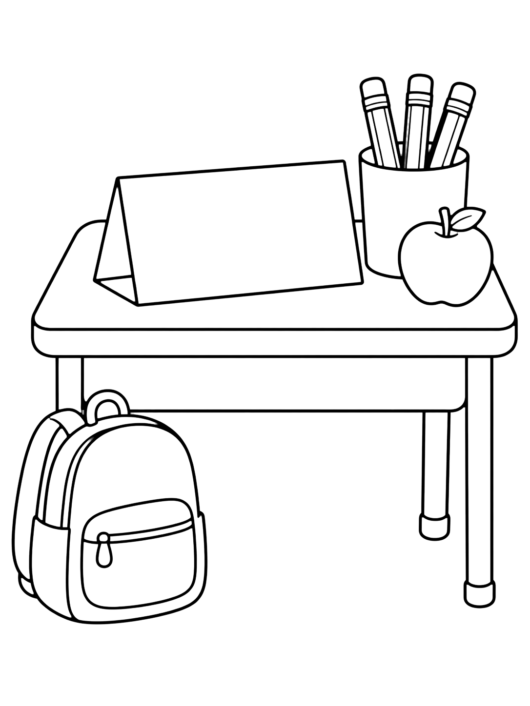 Coloriage avec un bureau d'élève bien rangé avec une grande étiquette vide, un pot avec trois crayons, une pomme et un petit sac à côté. Idéal pour enfants, rentrée scolaire, impression et coloriage en ligne.