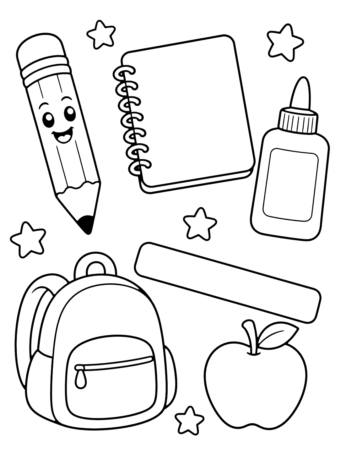 Coloriage avec un arrangement doodle simple avec crayon souriant, cahier vide, colle sans étiquette, règle sans nombres, pomme, petites étoiles et sac. Idéal pour enfants, rentrée scolaire, impression et coloriage en ligne.