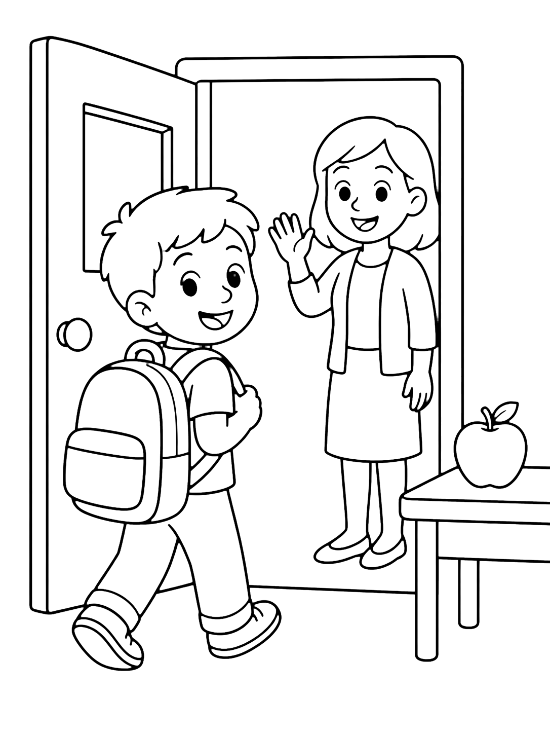 Coloriage avec un enfant souriant avec un sac entre par une porte de classe simple, tandis qu'un enseignant fait signe et qu'une pomme est posée sur un petit bureau. Idéal pour enfants, rentrée scolaire, impression et coloriage en ligne.