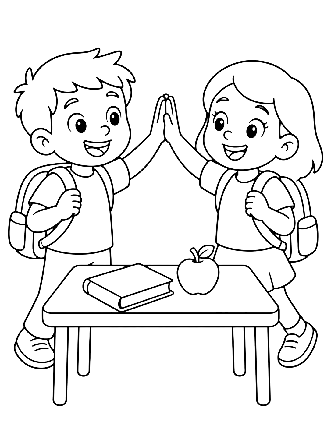 Coloriage avec deux enfants souriants avec des sacs se tapent dans la main près d'une table simple avec un livre et une pomme. Idéal pour enfants, rentrée scolaire, impression et coloriage en ligne.