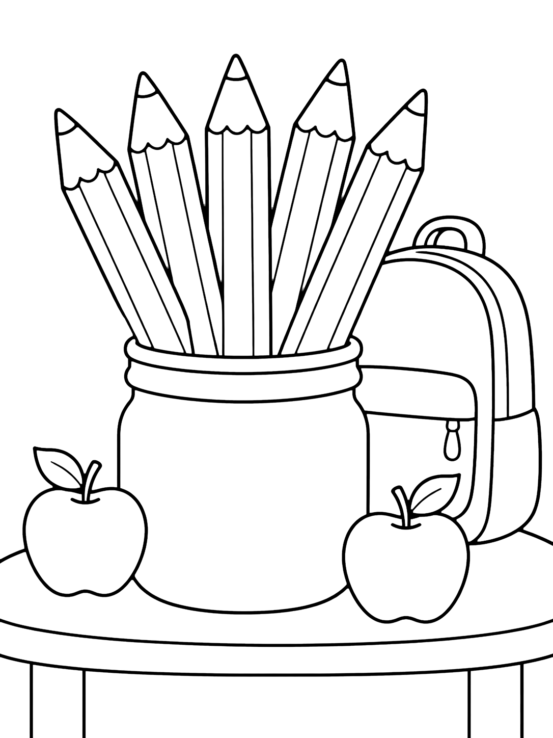 Coloriage avec un pot avec cinq grands crayons comme un bouquet, deux pommes simples et un sac derrière sur une table de classe. Idéal pour enfants, rentrée scolaire, impression et coloriage en ligne.