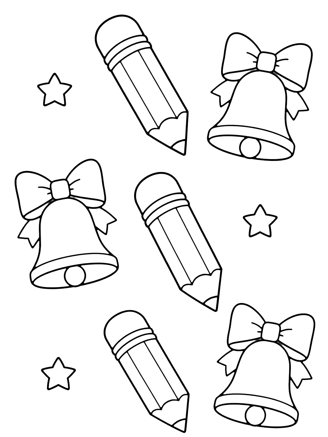 Coloriage avec un motif répété léger avec de grands crayons et des cloches d'école, plus quelques étoiles simples vides entre eux. Idéal pour enfants, rentrée scolaire, impression et coloriage en ligne.