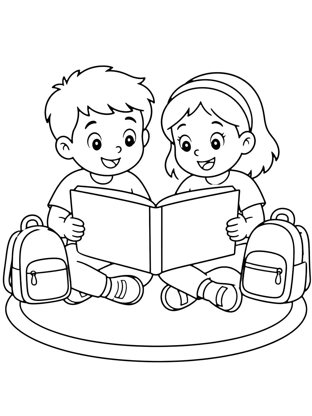 Coloriage avec deux enfants assis sur un tapis rond simple regardent un grand livre ouvert et vide, avec deux sacs près du tapis. Idéal pour enfants, rentrée scolaire, impression et coloriage en ligne.