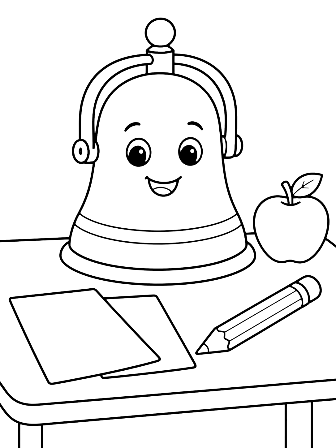 Dibujo para colorear con una campana escolar grande y alegre sobre un pupitre sencillo con un lápiz, dos hojas en blanco y una manzana pequeña. Ideal para niños, actividades escolares, impresión y coloreado online.