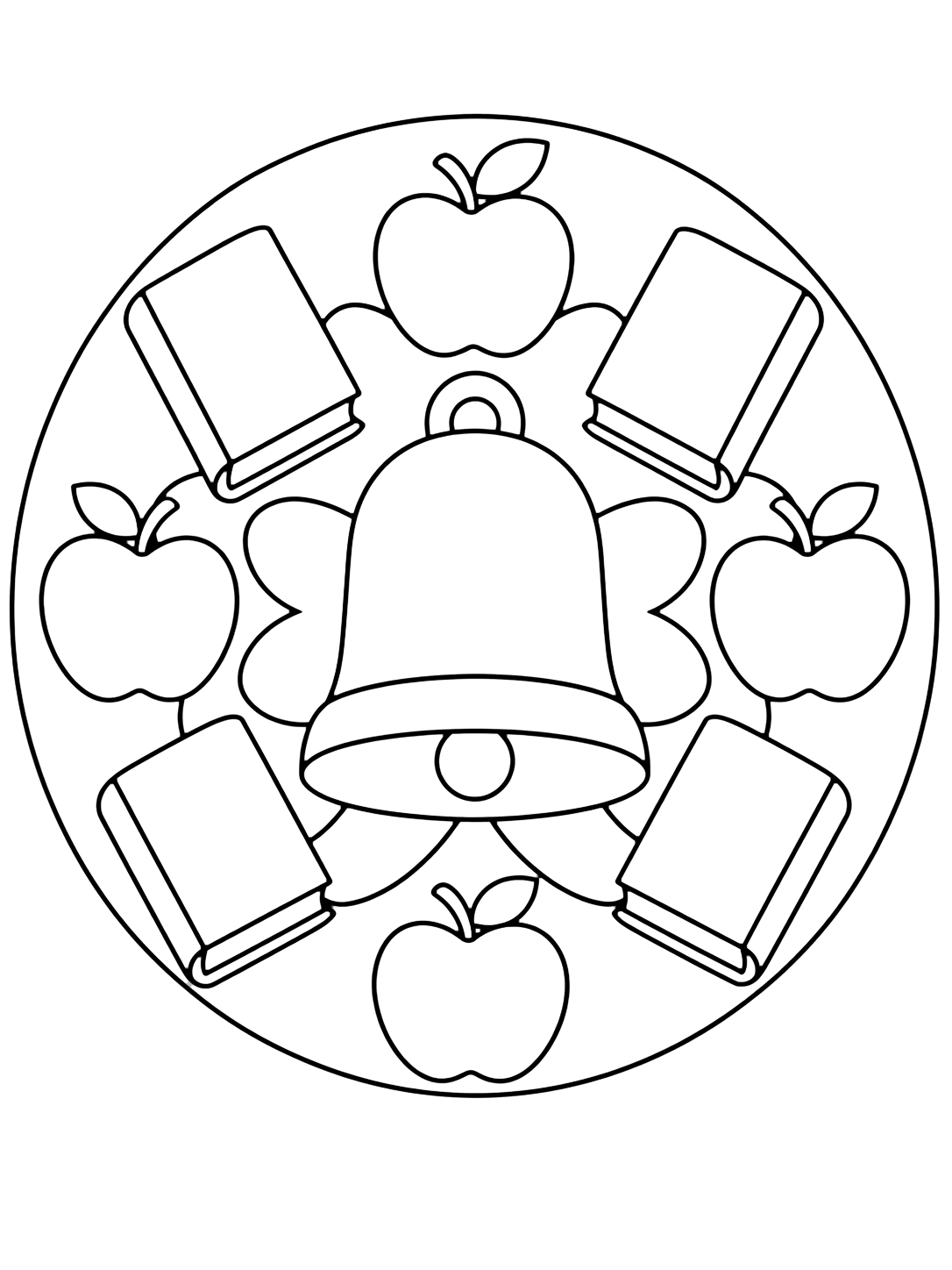 Coloriage avec un mandala rond simple avec une grande cloche d'école au centre, quatre grands livres vides, quatre pommes et de larges pétales arrondis. Idéal pour enfants, rentrée scolaire, impression et coloriage en ligne.