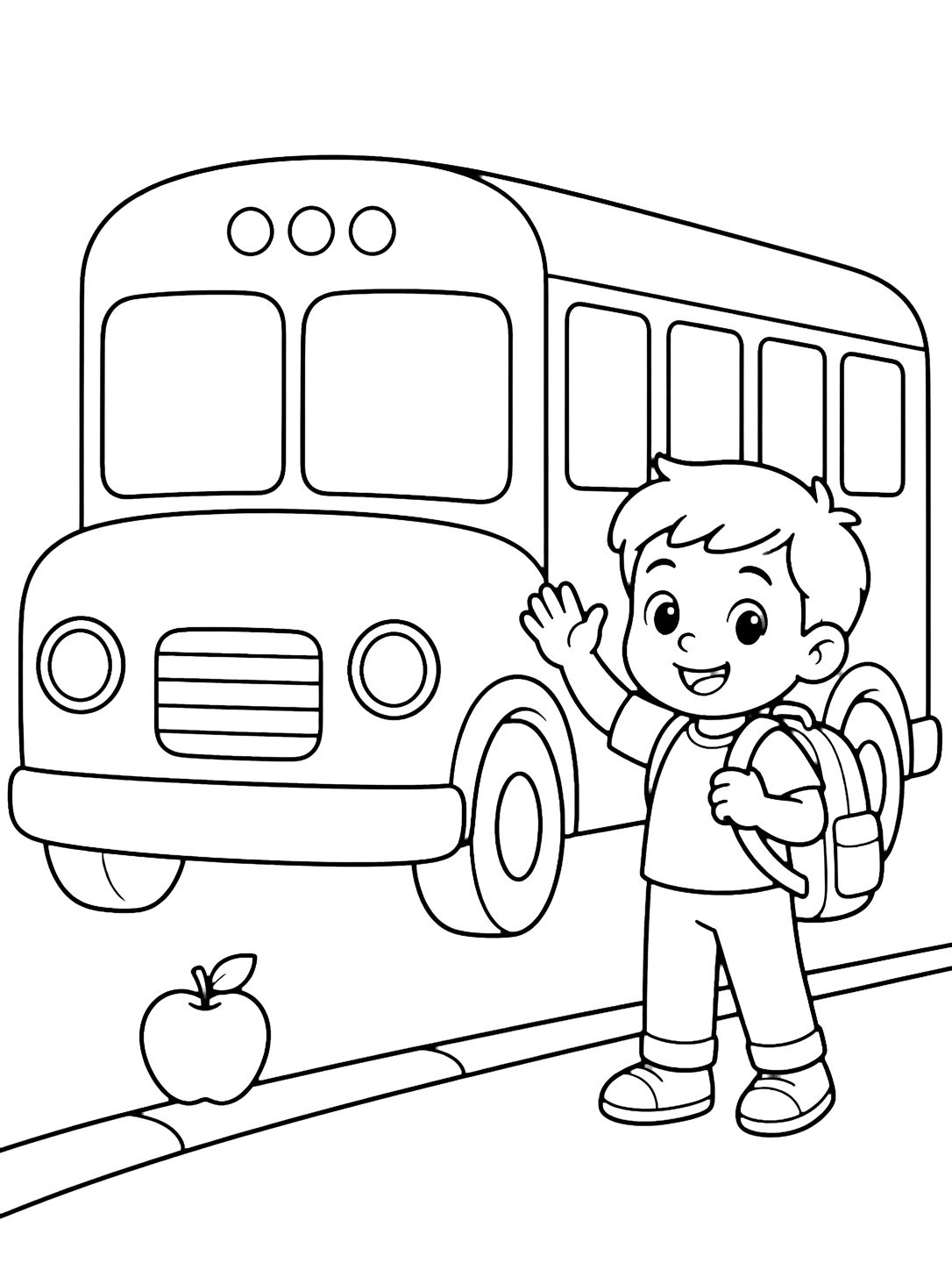 Coloriage avec un bus scolaire simple avec des fenêtres vides et un enfant souriant avec un sac qui fait signe à côté. Idéal pour enfants, rentrée scolaire, impression et coloriage en ligne.
