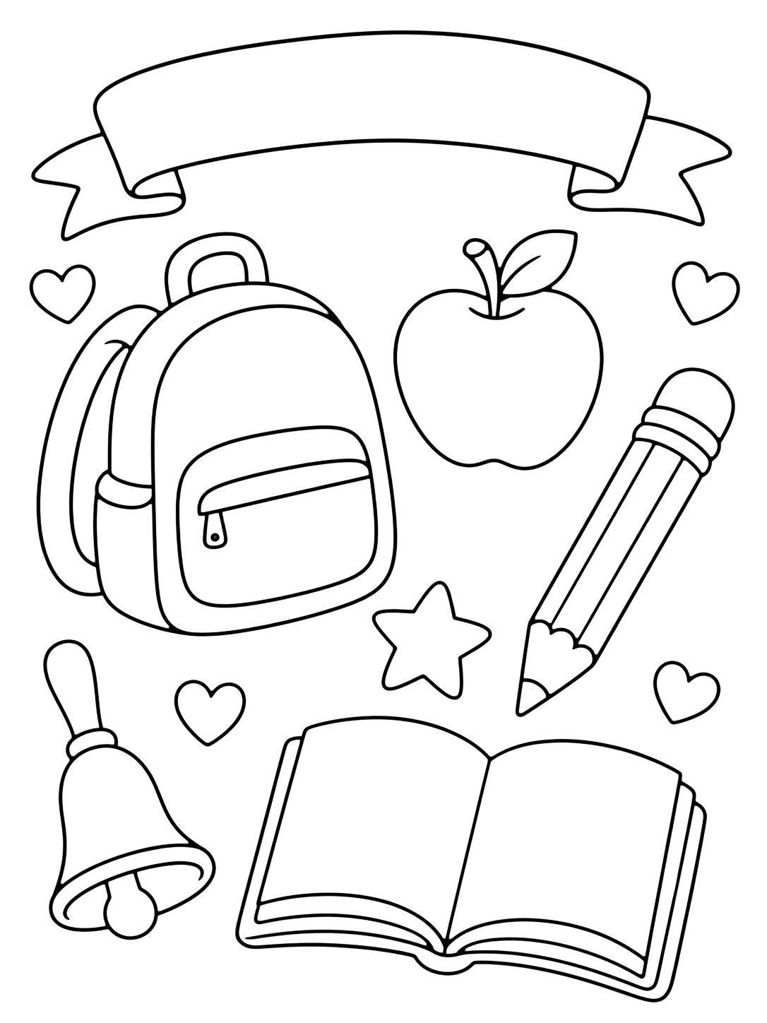 Coloriage avec un groupe doodle aéré de grandes icônes scolaires avec bannière vide, sac, pomme, crayon, cloche, livre ouvert vide, étoile et coeurs. Idéal pour enfants, rentrée scolaire, impression et coloriage en ligne.