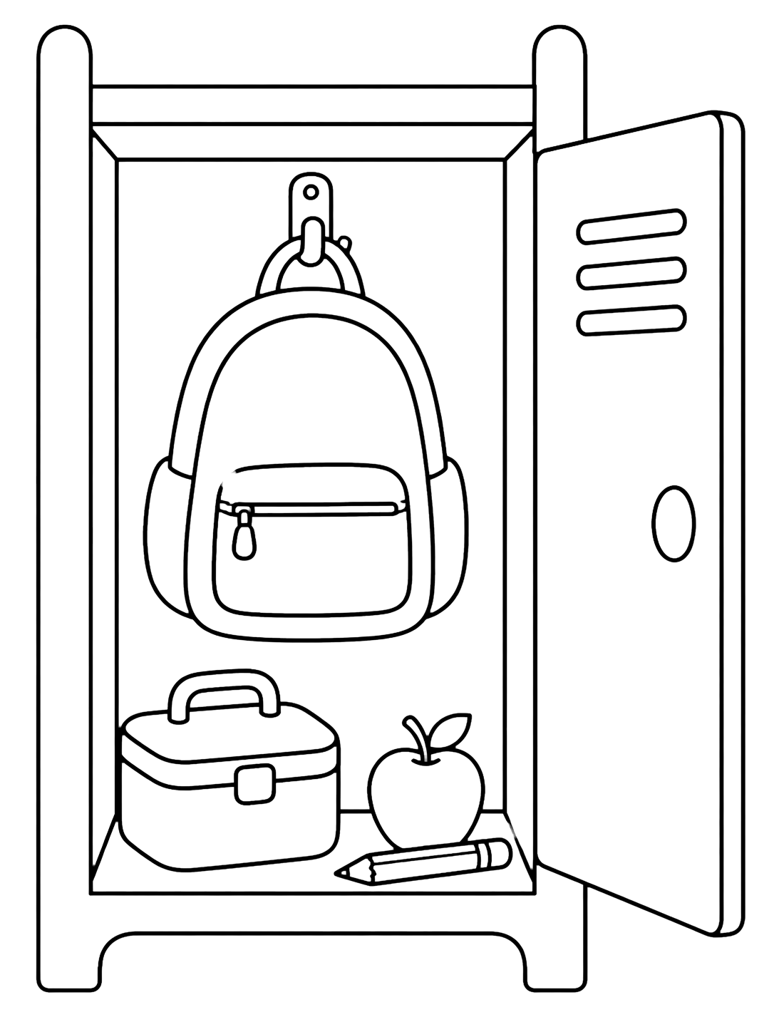 Coloriage avec un casier scolaire ouvert avec un sac à l'intérieur, une boîte à goûter sur l'étagère du bas, une pomme et un crayon près de lui. Idéal pour enfants, rentrée scolaire, impression et coloriage en ligne.