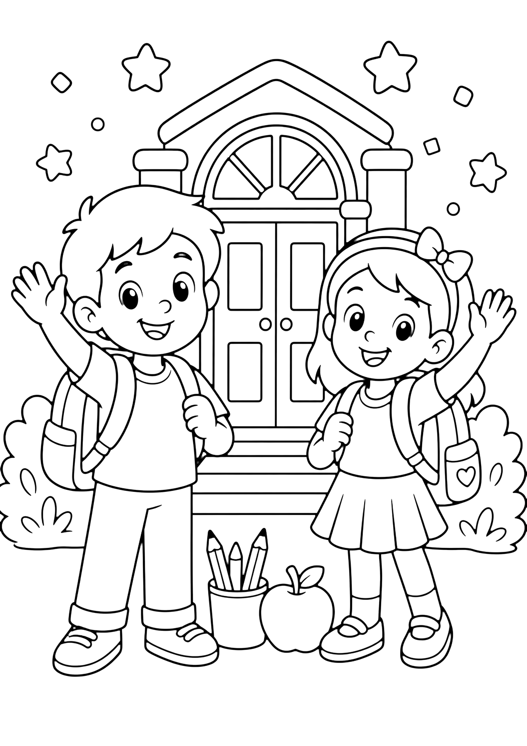 Coloriage avec deux enfants souriants qui saluent devant l'entrée de l'école, avec des sacs, une pomme, un pot à crayons et des étoiles. Idéal pour enfants, rentrée scolaire, impression et coloriage en ligne.
