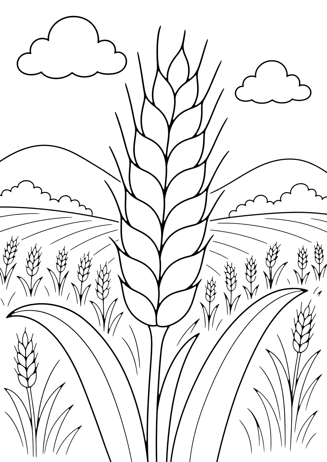 wheat stalk close-up coloring page with one large wheat stalk close-up in the foreground, broad leaves, smaller wheat rows in the background, low hills, simple clouds, and open sky for kids