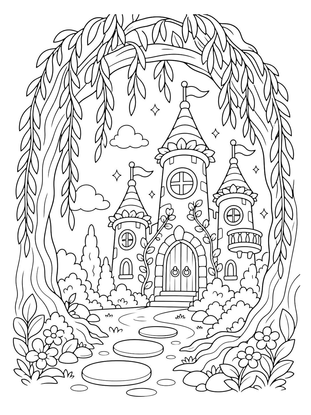 Disegno di castello incantato sotto arco di salice da colorare con un castello incantato visto attraverso un grande arco di salice, con tre torri eleganti, un balcone laterale, porta curva, grandi finestre rotonde, bordo di foglie sui tetti, ampie tende di foglie, pietre, cespugli fioriti e morbide scintille. Adatto a bambini, stampa, download e colorazione online.