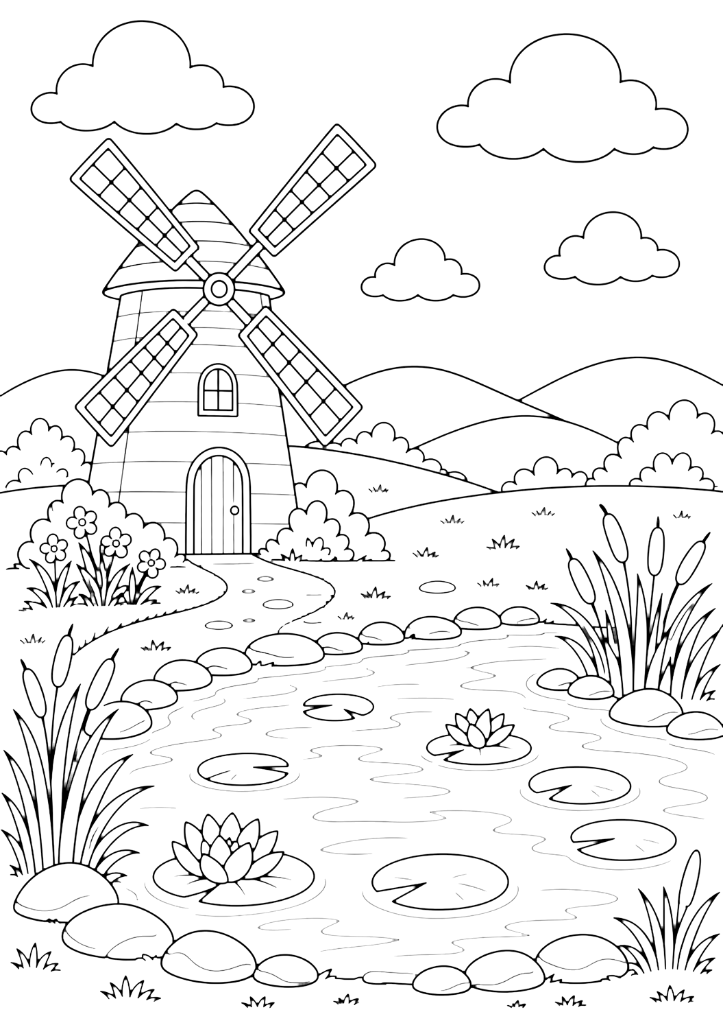 Dibujo para colorear de molino con un molino junto a un estanque tranquilo con nenúfares, piedras lisas, juncos, colinas bajas y redondeadas, nubes amplias y cielo abierto. Ideal para niños, paisajes, impresión y coloreado online.