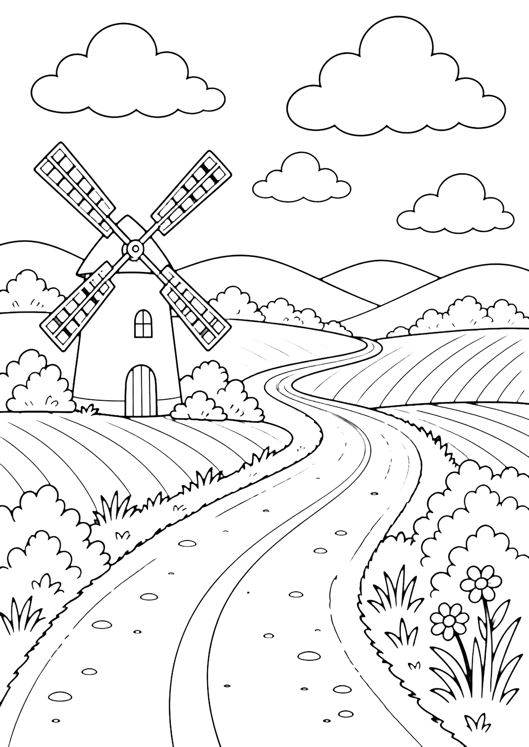 Disegno di strada di campagna da colorare con una strada di campagna che passa accanto a un piccolo mulino a vento vicino a campi aperti, basse colline, piccoli cespugli, grandi nuvole e cielo aperto. Adatto a bambini, paesaggi, stampa e colorazione online.